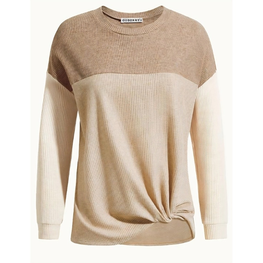 GUBERRY Womens Colorblock Waffle Knit Twist Front Top Tan Beige Large